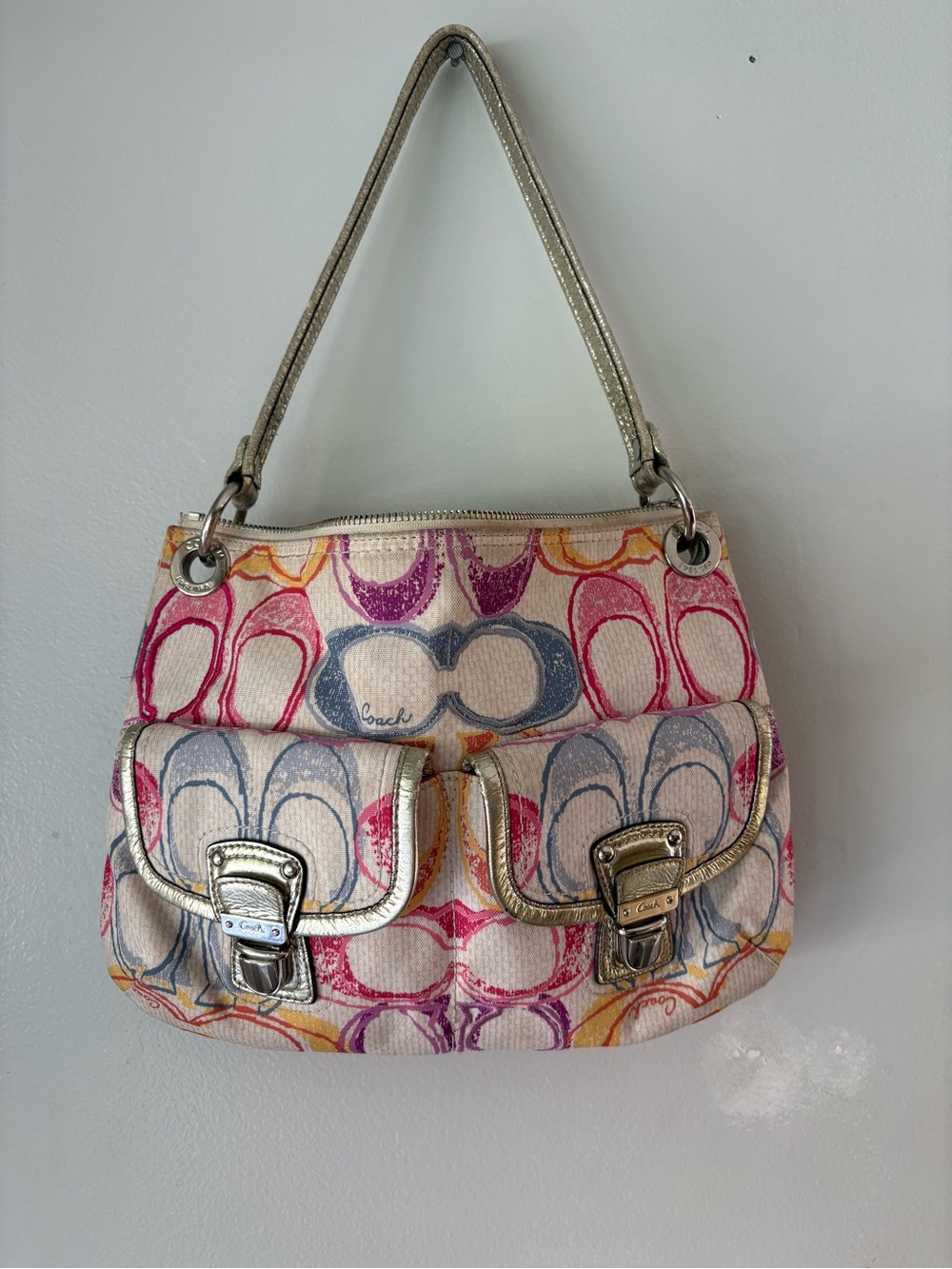 Coach Multicolor Print Canvas Shoulder Bag with Metallic Trim